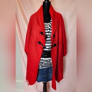 Bohemian Red Fringe Shawl Wrap / Toggle Front Cape - One Size